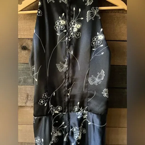 Vintage 90s Black Floral Butterfly High Neck Midi Dress - Picture 8 of 12